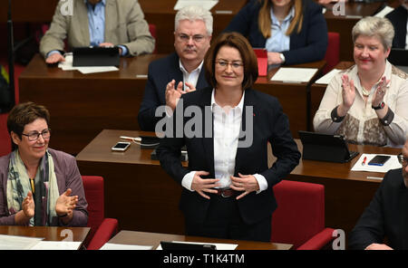 Bremen, Germany. 27th Mar, 2019. Antje Grotheer (SPD) after the election to the new and first state parliament president. The Bremen parliament has elected the SPD member of parliament to succeed Christian Weber (SPD), the long-time president of the state parliament, who died in February. Credit: Carmen Jaspersen/dpa/Alamy Live News Stock Photo