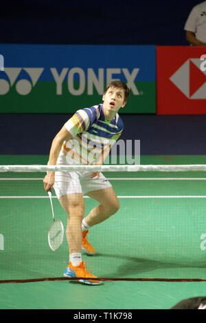 New Delhi, India. 27th March 2019. Wong Wing Ki Vincent of Hong Kong, China, in action in the first round of the Yonex Sunrise India Open 2019 in New Delhi, India. Credit: Karunesh Johri/Alamy Live News Stock Photo