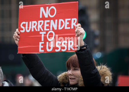 London, UK. 27th March 2019. Brexit supporters continue their daily protest vigils near Westminster's Parliament buildings on the day commons speaker John Bercow put any fresh meaningful vote in doubt by firming up his 'no repeat votes' ruling. Credit: Guy Corbishley/Alamy Live News Stock Photo