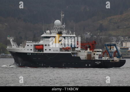 RRS James Cook, a research vessel operated by the Natural Environment Research Council, on an outbound journey after a visit to the Firth of Clyde. Stock Photo