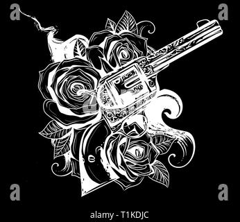 guns and rose flowers drawn in tattoo style. Vector illustration. Stock Vector