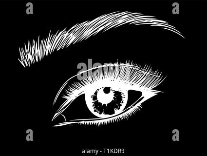 Eye on black background. Eyes art. Woman eye. The eye logo. Eyes art. Human eye, eye close up - vector. Stock Vector