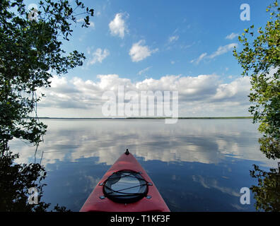 Red kayak on Coot Bay amidst mangroves and reflected clouds in Everglades National Park, Florida. Stock Photo