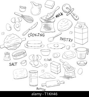 Different dough items and kitchen accessories in circle shape Stock Vector