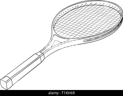 Tennis racket with a ball. Flat black hand drawn icon Stock Vector