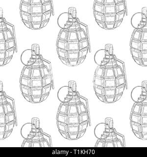 Military grenade. Hand drawn sketch. Seamless pattern background Stock Vector