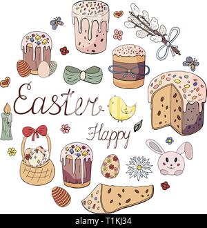 Happy Easter holiday. Easter cakes, willow twig, rabbit, chicken and flowers in circle shape isolated on white background Stock Vector