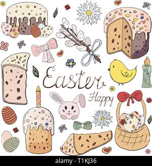 Happy Easter holiday. Easter cakes, willow twig, rabbit, chicken and flowers  isolated on white background Stock Vector