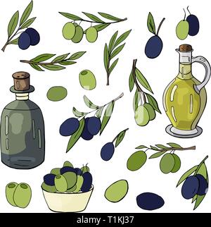 Olive oil, olives branches and olives isolated on white. Hand drawn olive set Stock Vector