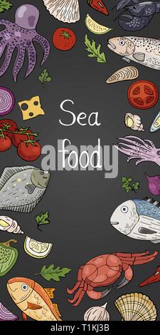 Vertical banner with different seafood on blackboard for cafe menu Stock Vector