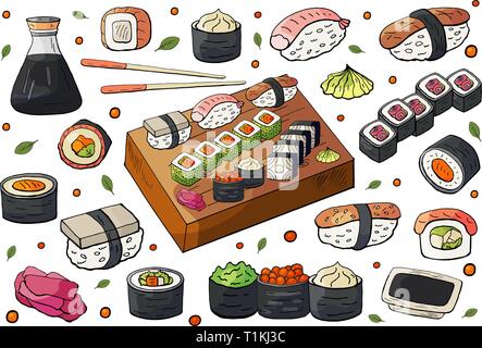 Hand drawn japan sushi and rolls sets isolated on white background. Vector sushi Stock Vector