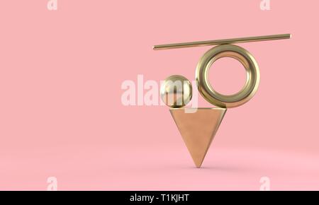 Abstract minimal geometric gold balance scene mockup. 3D Render Stock Photo