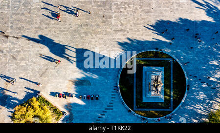 Aerial God's Eye Perspective View on Genghis Khan Riding Horse Statue with Long Shadows inside Genghis Khan Park in Ulanhot, Inner Mongolia, China Stock Photo