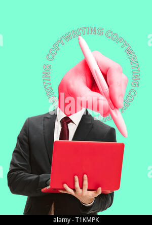 Three hands for catching idea - copywriter must pick words. A man in suit is standing with laptop. His head is big hand with a pencil against mint background. Modern design. Contemporary art collage. Stock Photo