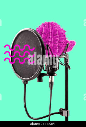 Speak louder and differently, dont be scared to talk spiny. Pink cactus as a soundstudios professional microphone with waves of voice. Alternative microphone. Modern design. Contemporary art collage. Stock Photo