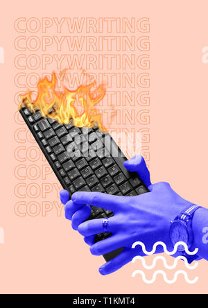Contemporary art collage. Hands typing on vintage computer keyboard ...