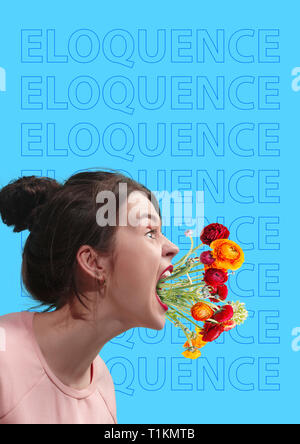 Eloquence and oratory. Scream louder for being heard. Young woman in sweatshirt screaming with colorful flowers in her mouth against blue background. Modern design. Contemporary art collage. Stock Photo