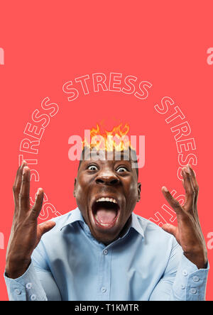 Brains explosion. African-american man with flaming head stressed by flame ideas out. Businessman screaming, inspiring by a mass of thoughts. Contemporary art design. Business concept, human emotions. Stock Photo