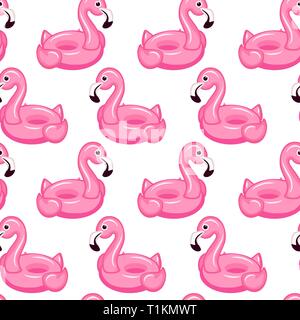 Seamless pattern pink flamingo inflatable. Pool float. Inflatable colorful unicorn. Swimming circle. Realistic summertime illustration. Vector templat Stock Vector
