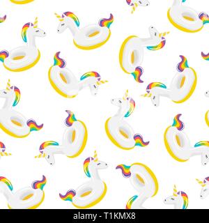 Seamless pattern colored unicorn inflatable. Pool float. Inflatable colorful unicorn. Swimming circle. Realistic summertime illustration. Vector templ Stock Vector