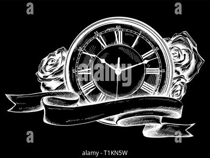 Vintage pocket watch with a pattern in roses Stock Vector