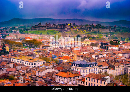 Aerial view of Carcassonne with medieval city and fortress castle visible in distance, Sourthern France Stock Photo