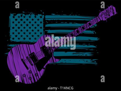 An Electric Guitar with American Flag Isolated on a black Background Stock Vector