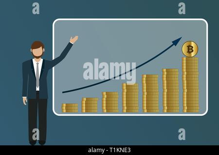 business man explains sales rising bitcoin market finance concept vector illustration EPS10