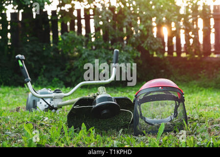 Grass trimmer on lawn in garden outdoors. Stock Photo