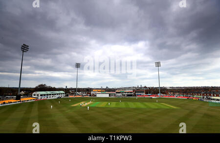 A general view of the action between Leicestershire and Loughborough MCCU during day two of the England MCC University match at Grace Road, Leicestershire. Stock Photo