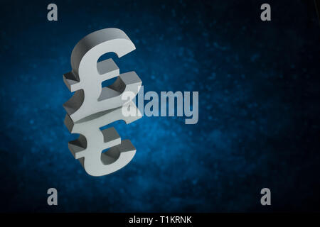 British Currency Symbol or Sign Pound With Mirror Reflection on Blue Dusty Background Stock Photo