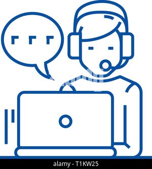 Support,customer service,man  line icon concept. Support,customer service,man  flat  vector symbol, sign, outline illustration. Stock Vector
