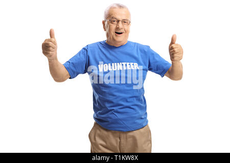 Cheerful mature male volunteer giving thumbs up isolated on white background Stock Photo