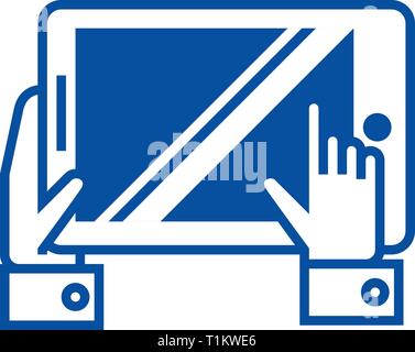 Tablet in hands line icon concept. Tablet in hands flat  vector symbol, sign, outline illustration. Stock Vector