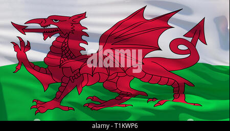 Fluttering silk flag of Wales in the wind, colorful background. 3d illustration. 4K High quality render Stock Photo