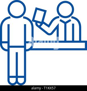 Ticket booking office line icon concept. Ticket booking office flat  vector symbol, sign, outline illustration. Stock Vector