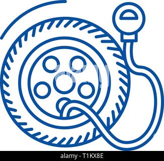Tire service, pump,tire pressure line icon concept. Tire service, pump,tire pressure flat  vector symbol, sign, outline illustration. Stock Vector