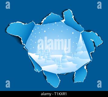 Hole in the paper to the winter snowy landscape Stock Vector