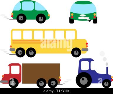 Set of vehicles - car, bus, tractor - cartoon illustrations / cliparts Stock Vector