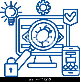 Virus,hacker,anti hacking line icon concept. Virus,hacker,anti hacking flat  vector symbol, sign, outline illustration. Stock Vector