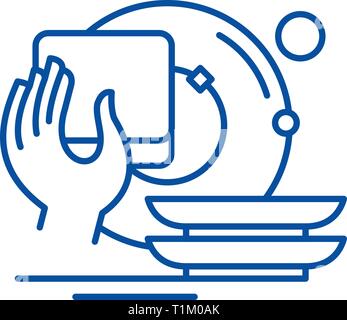 Washing dishes line icon concept. Washing dishes flat  vector symbol, sign, outline illustration. Stock Vector