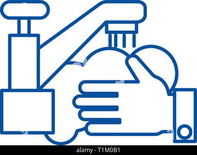 Washing hands,wash crane line icon concept. Washing hands,wash crane flat  vector symbol, sign, outline illustration. Stock Vector