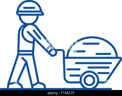 Worker builder with wheelbarrow line icon concept. Worker builder with wheelbarrow flat  vector symbol, sign, outline illustration. Stock Vector