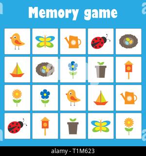Memory game with pictures - spring and garden theme for children, xmas fun education game for kids, preschool activity, task for the development of lo Stock Vector
