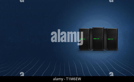 Web hosting servers. Copy space on left side for text. Network threads at bottom. Stock Photo