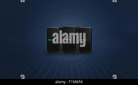 Web hosting servers concept on digital, abstract background with network threads at bottom. Stock Photo