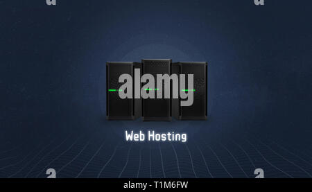 Web hosting concept with three servers and web hosting text below. Simple, flat, hero header image. Stock Photo