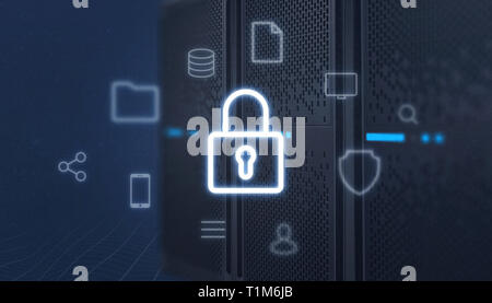 Padlock icon front of the server, surrounded with online services icons. Concept of data protectiob, security. Stock Photo
