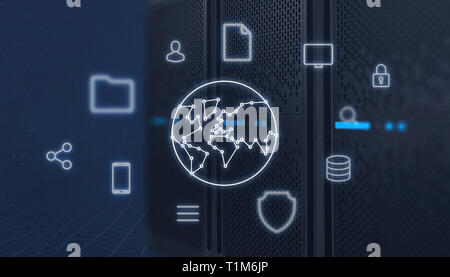 Concept of network globe surrounded with online services icons front of data servers. Stock Photo
