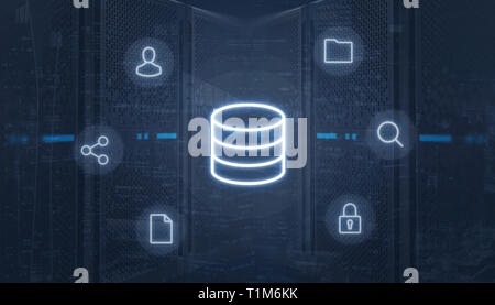 Data center icon surrounded with online services icons. Concept of web hosting center business systems. Stock Photo